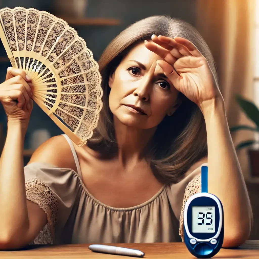 A realistic image of a middle-aged menopausal woman fanning herself with a hand fan, looking frustrated. She is seated at a table with a blood glucose monitor nearby, highlighting concerns about blood sugar management during menopause in a cozy home setting.