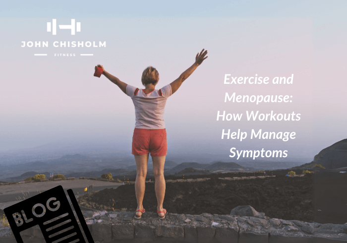 Midlife woman standing triumphantly on a scenic mountaintop at sunrise, symbolizing strength, energy, and empowerment through exercise. The image promotes the blog post 'Exercise and Menopause: How Workouts Help Manage Symptoms' on John Chisholm Fitness. Learn more at johnchisholmfitness.health, where expert guidance on fitness and menopause is available.