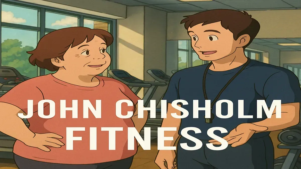 Studio Ghibli-inspired illustration of a middle-aged woman training in the gym with her male coach, John Chisholm Fitness branding overlayed.