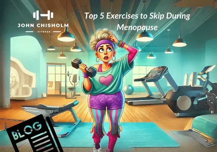 Cartoon-style image of a menopausal woman in gym clothes holding dumbbells and looking confused, highlighting the blog topic "Top 5 Exercises to Skip During Menopause" by John Chisholm Fitness