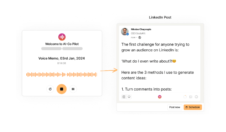 Create faster by turning voice notes into posts.