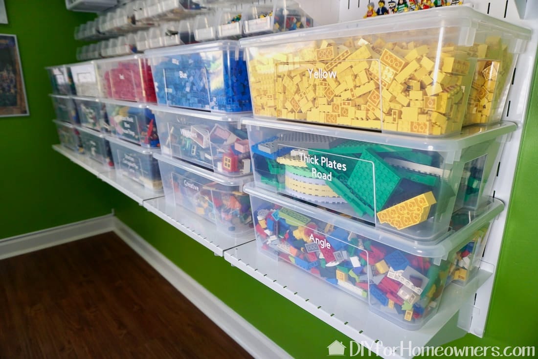 transparent bins marked with different attributes for Lego pieces