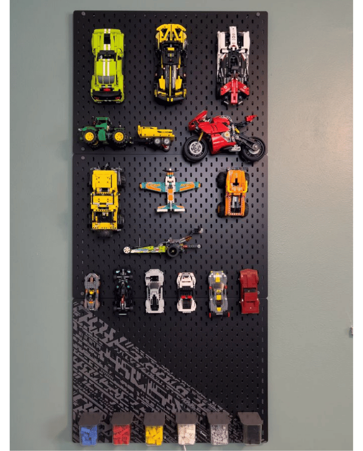 wall mounted pegboard with legos attached