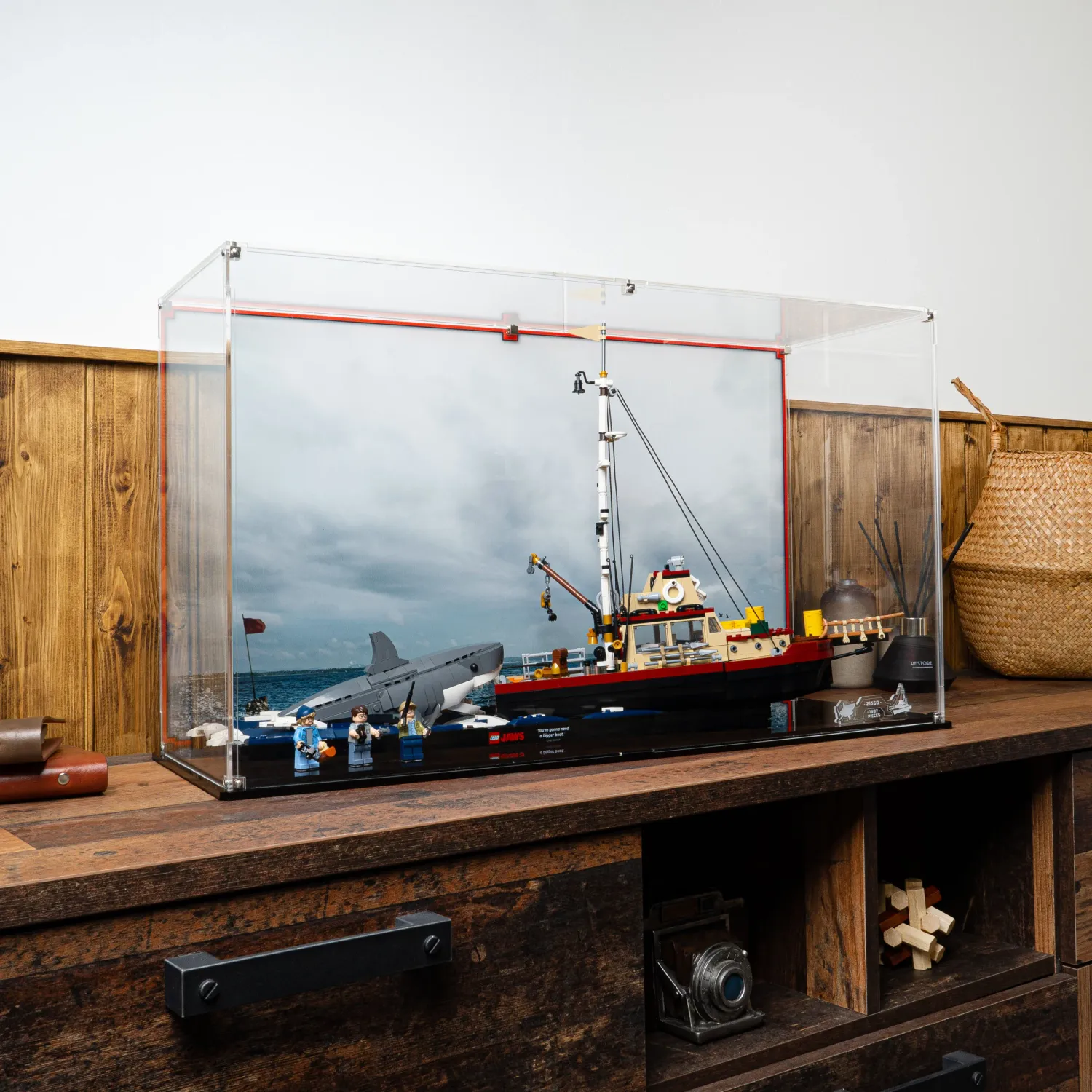 Lego jaws in an acrylic display