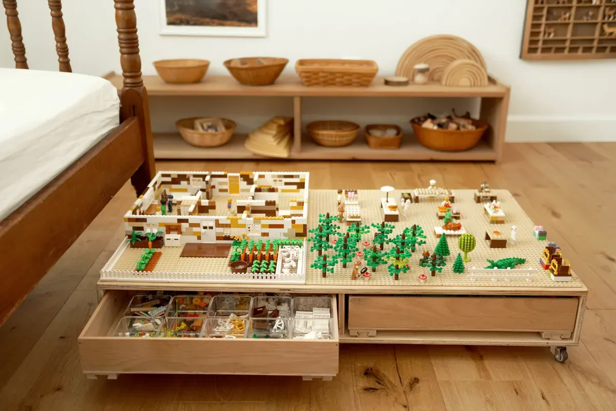 table with multiple drawers to organized legos