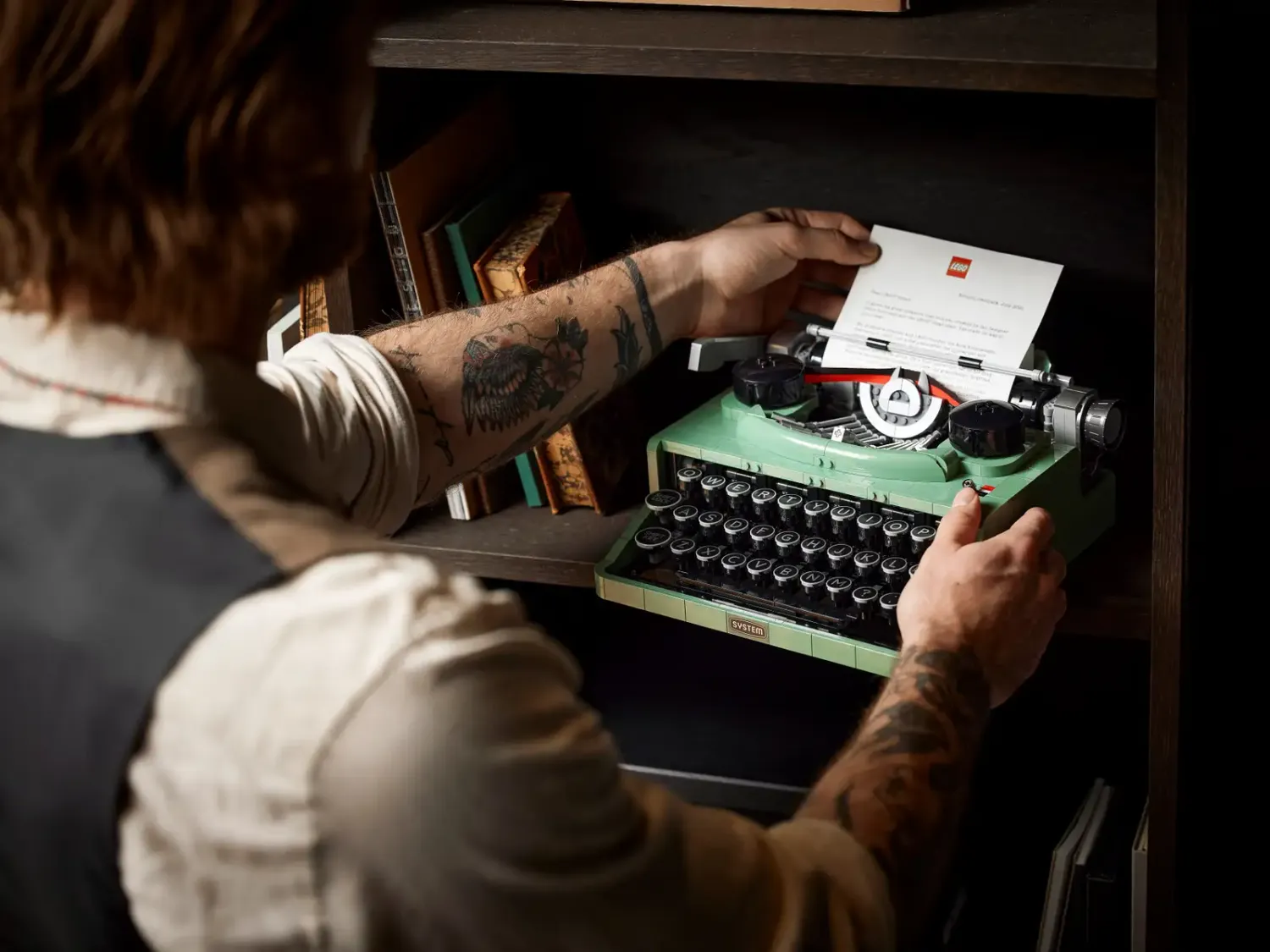 LEGO typewriter being display in a rustic style setting