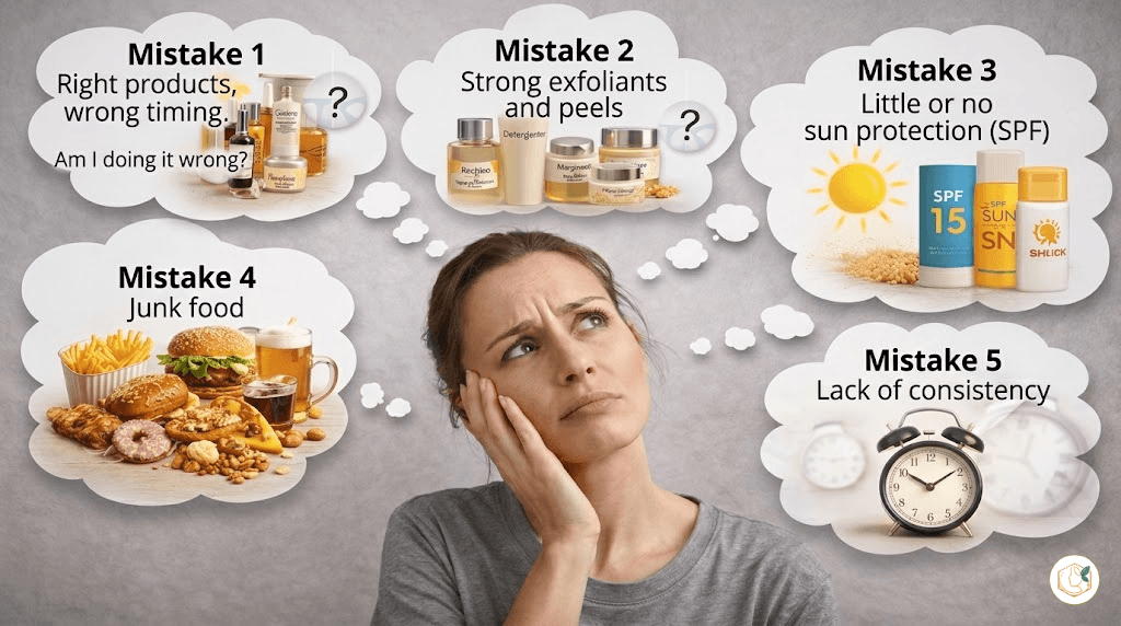 Illustration showing the 5 most common mistakes that feed and worsen dark spots, including incorrect product use, insufficient sun protection, aggressive treatments, unhealthy habits, and lack of consistency.