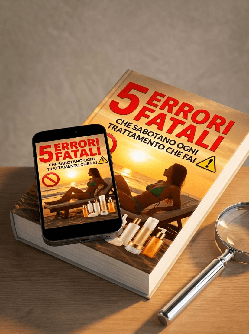 Immagine promozionale dell'ebook dedicato agli errori più comuni che impediscono di migliorare le macchie cutanee. La guida aiuta a identificare comportamenti sbagliati, acquisti inutili e abitudini quotidiane che possono aggravare l'iperpigmentazione, rallentare i risultati e favorire la comparsa di nuove macchie. Include consigli pratici per proteggere la pelle, evitare sprechi e ottenere risultati più stabili nel tempo.