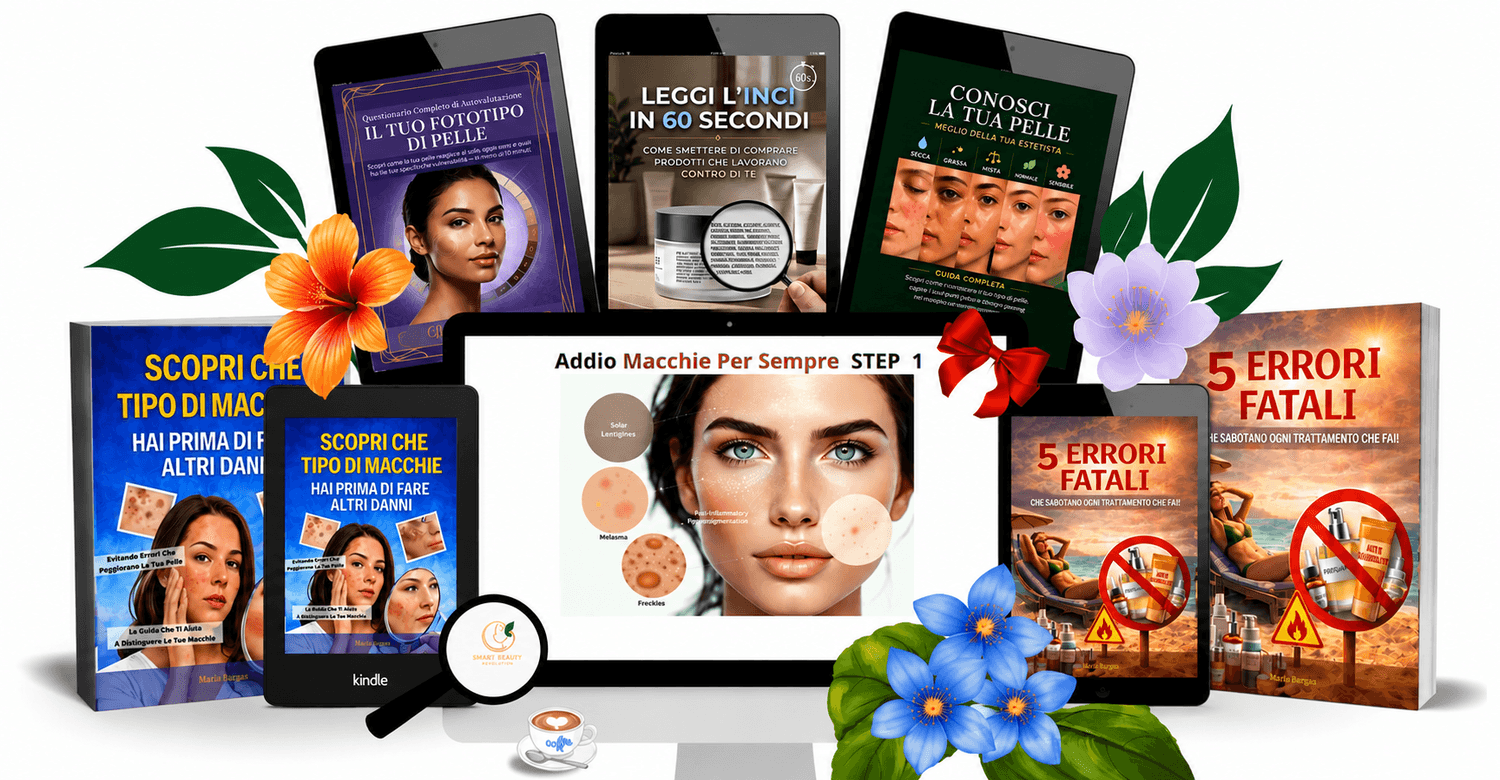 Primo Step del Metodo Addio Macchie Cutanee con 2 ebook principali e 3 bonus gratuiti. Il percorso aiuta a riconoscere il tipo di macchia, evitare gli errori che la peggiorano, comprendere la propria pelle e acquisire informazioni e consapevolezza prima di iniziare qualsiasi trattamento.