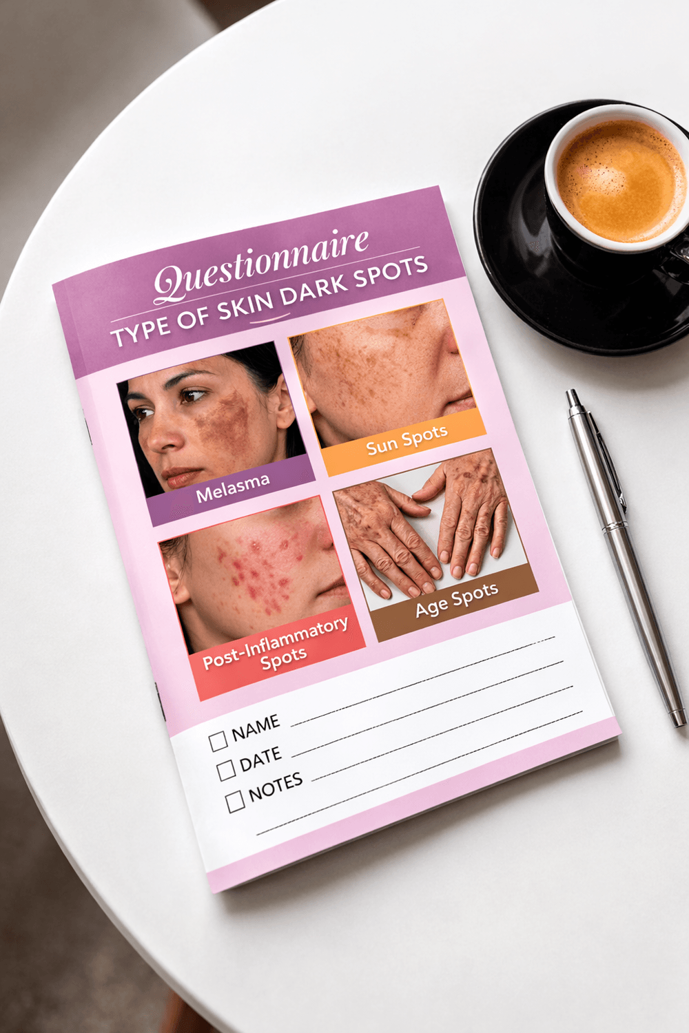 Dark Spots Self-Assessment Questionnaire showing melasma, sun spots, age spots, and post-inflammatory hyperpigmentation