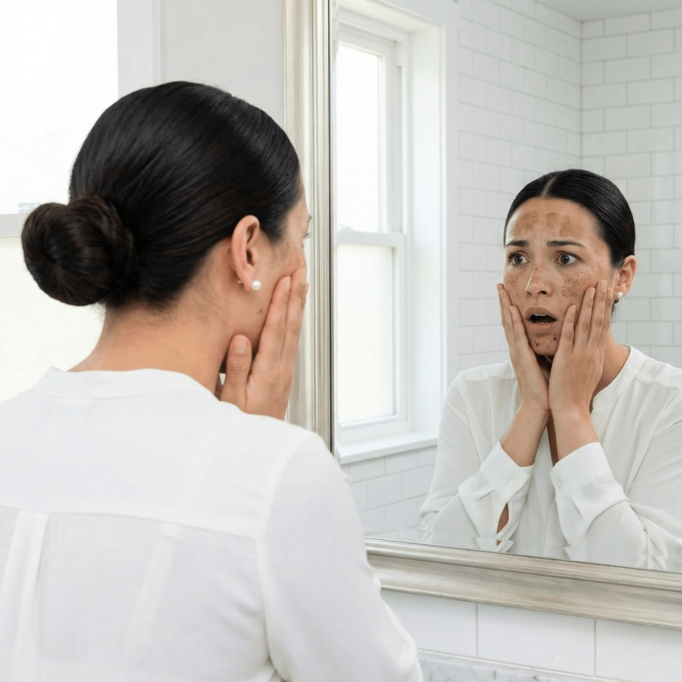 Woman examining dark spots on her face in the mirror. Guide to identifying melasma, sun spots, lentigines, and other skin discolorations before choosing treatments and skincare products.