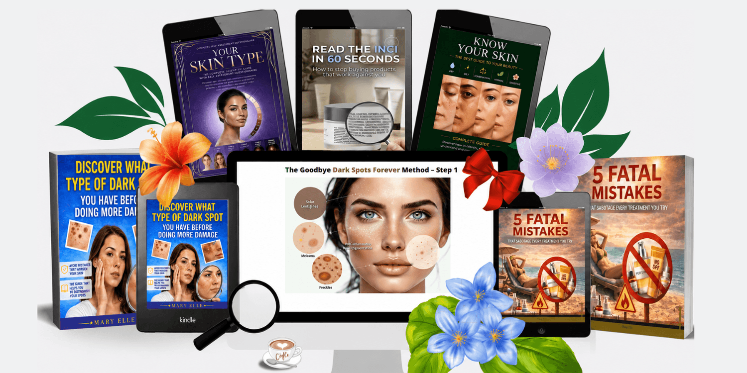 Complete mockup of the Goodbye Dark Spots Forever Method Step 1 featuring ebooks, bonus guides, tablets, a monitor showing dark spot analysis, the 5 Fatal Mistakes guide, magnifying glass, and educational resources designed to help identify and understand different types of skin dark spots