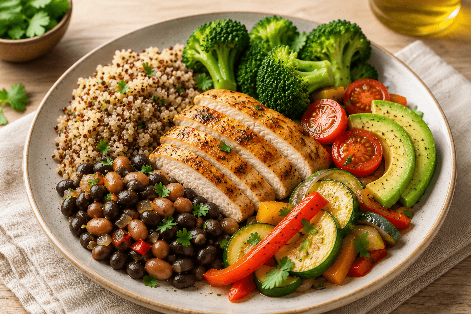 Plato equilibrado con pollo, quinoa, frijoles, brócoli, aguacate y vegetales frescos