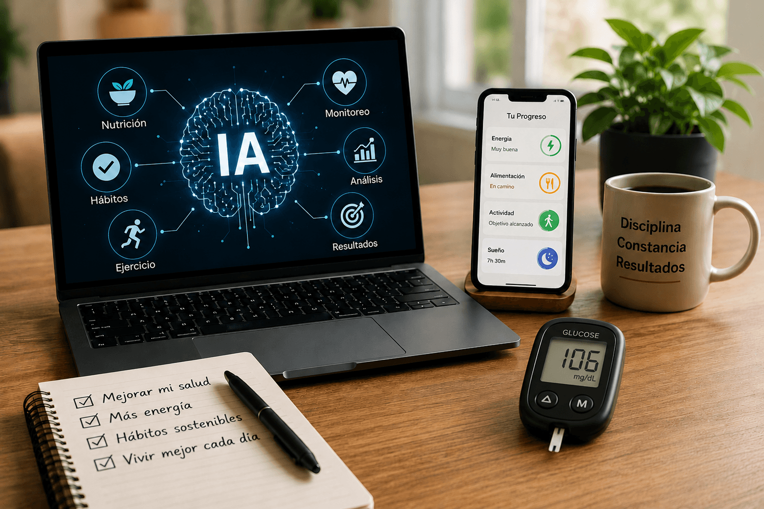 Laptop con inteligencia artificial, seguimiento de salud, comida saludable y objetivos personales