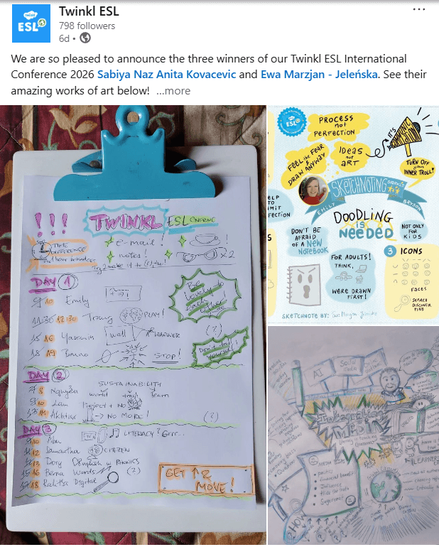 Twinkl ESL sketchnote winners. English language teaching themed sketchnotes by Ewa Marzjan Jelenska, Sabiya Naz & Anita Kovacevic. 