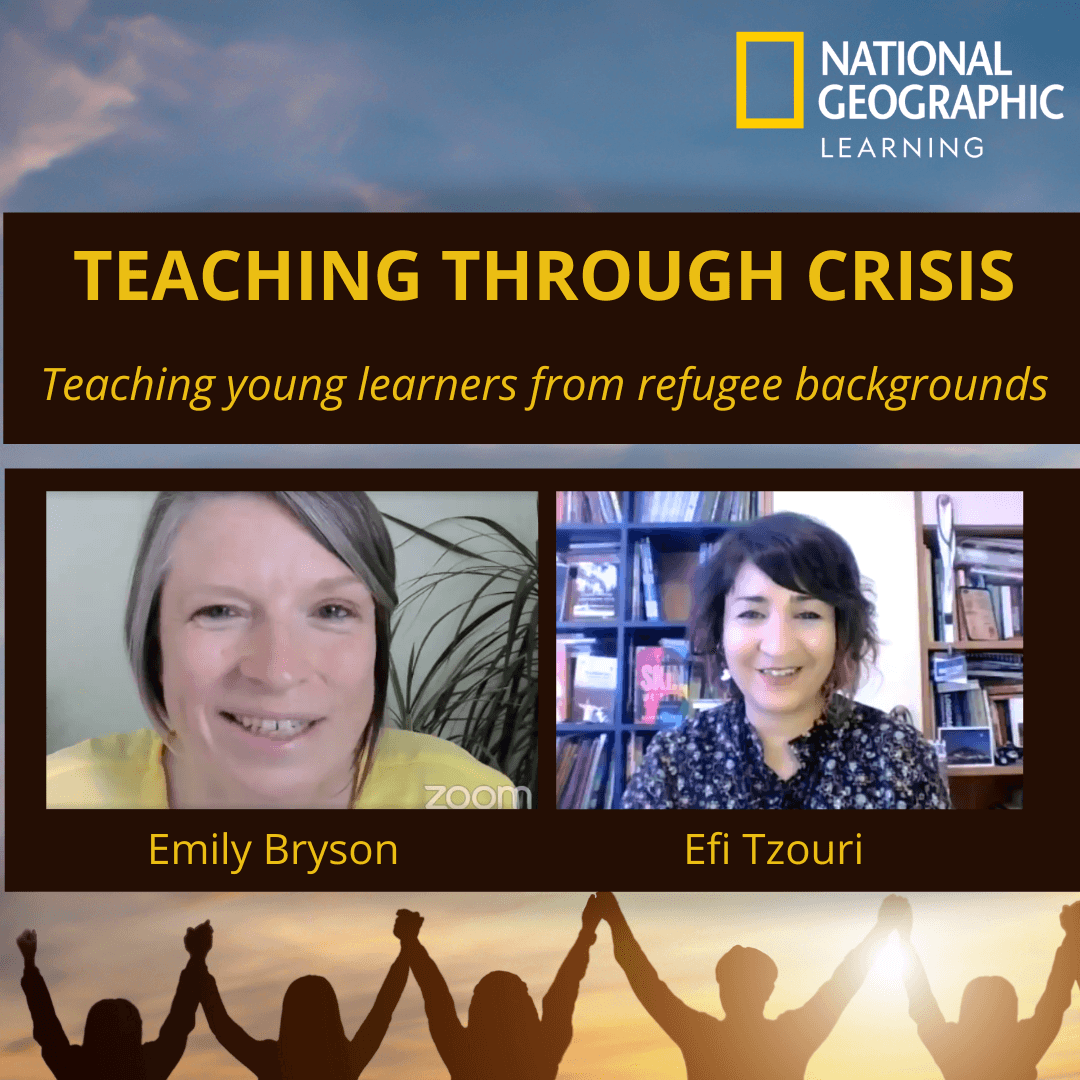 Cover image of a video interview with Emily Bryson and Efi Tzouri. It shows both their profile images and the National Geographic Learning logo. It's title is: Teaching Through Crisis: Teaching Young Learners from Refugee Backgrounds