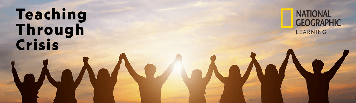 Cover image for the National Geographic Learning Teaching Through Crisis Series. It has many people holding hand with their hands in the air. The sun is rising in the background.  The series has a resource bank of professional development videos, lesson ideas and support for English language teachers teaching learners in challenging circumstances or learners from refugee backgrounds. 