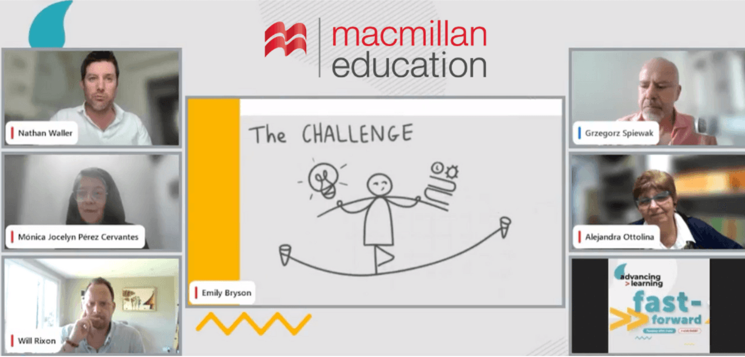 Emily Bryson live scribing the Macmillan Education fast forward event. The image shows her doodling a 'challenge' while five English language teaching experts share their ideas on video call. 
