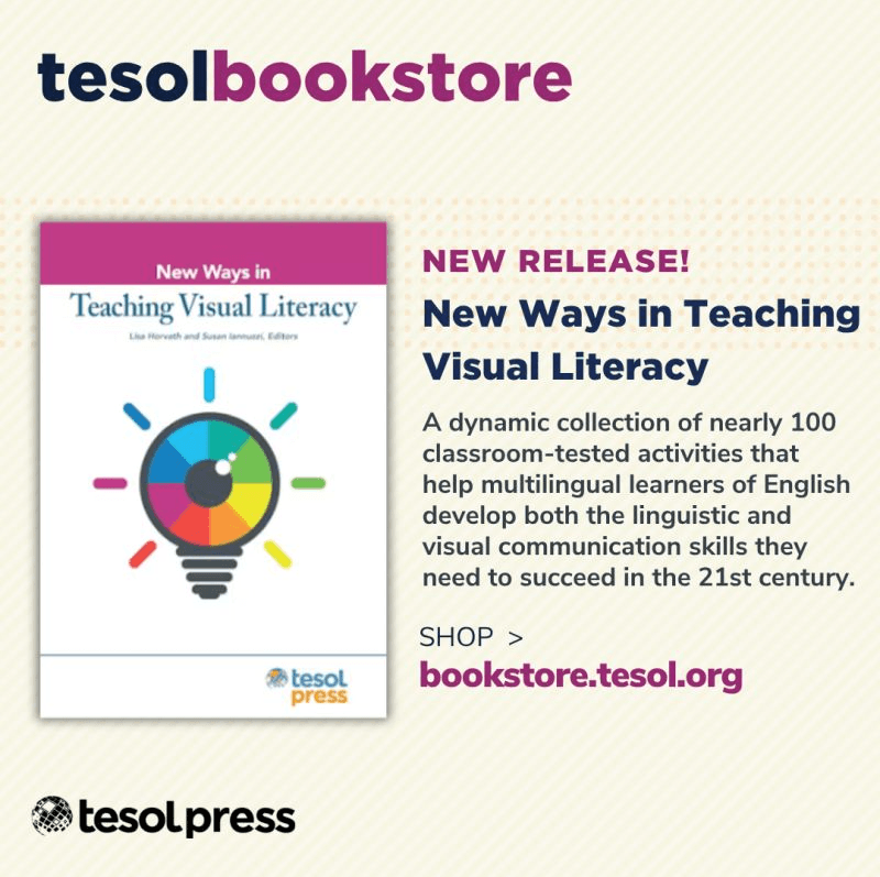 Front cover and short description of New Ways in Teaching Visual Literacy, published by TESOL International Association. The front cover has a lightbulb with an eye. 