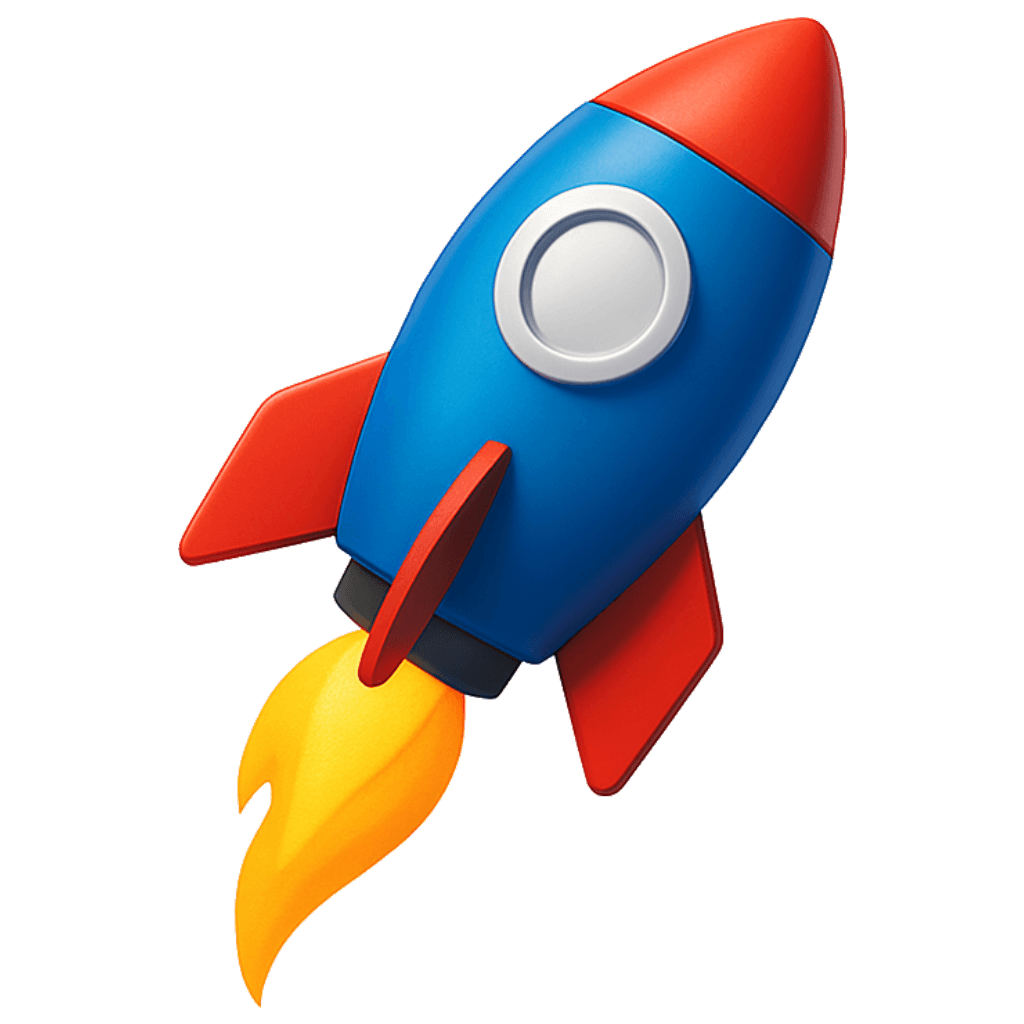 A red and blue rocket blasting off.