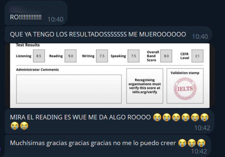 Resultado de examen de una alumna de C1 Studio