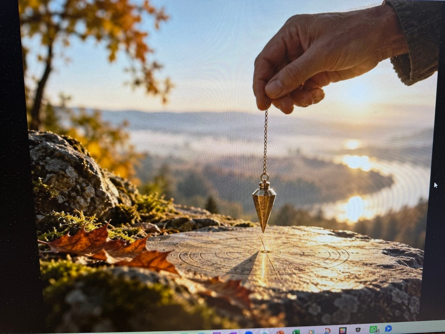 Un pendule doré au-dessus d’une pierre, dans la lumière d’automne