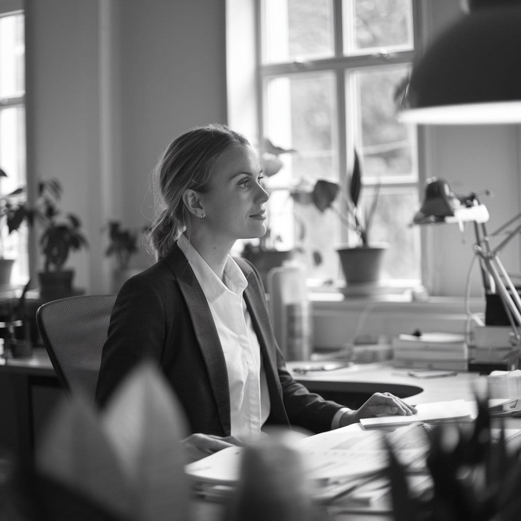 Atmosphère de travail sereine et minimaliste en noir et blanc, favorisant la concentration pour créer du contenu SEO