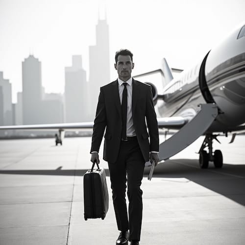 Homme d'affaires marchant avec assurance sur le tarmac, valise à la main, à côté d'un jet privé, illustrant le service haut de gamme de la location de jet privé.