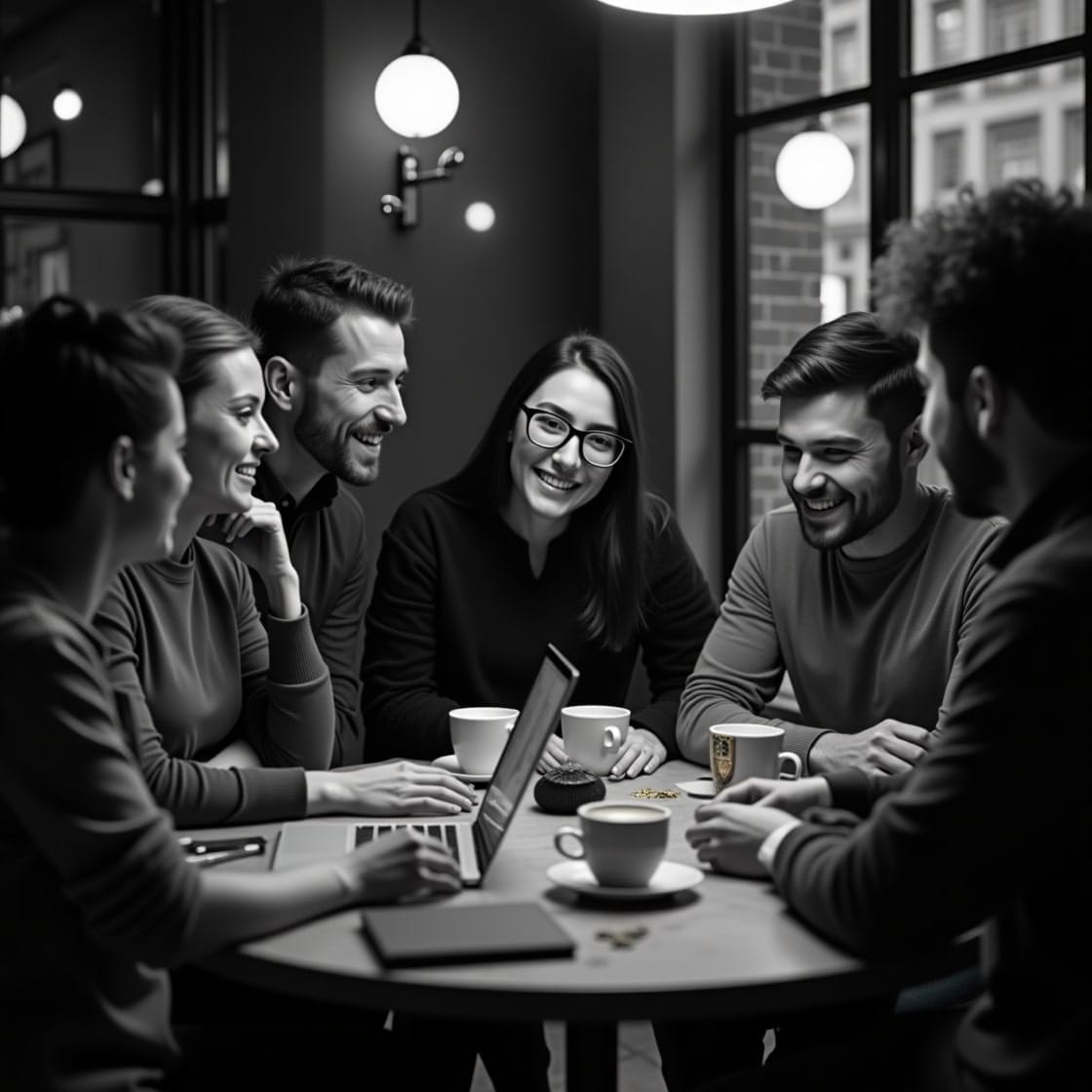 Freelances en rédaction web SEO profitant de la flexibilité du métier dans un café à Londres-photo noir et blanc
