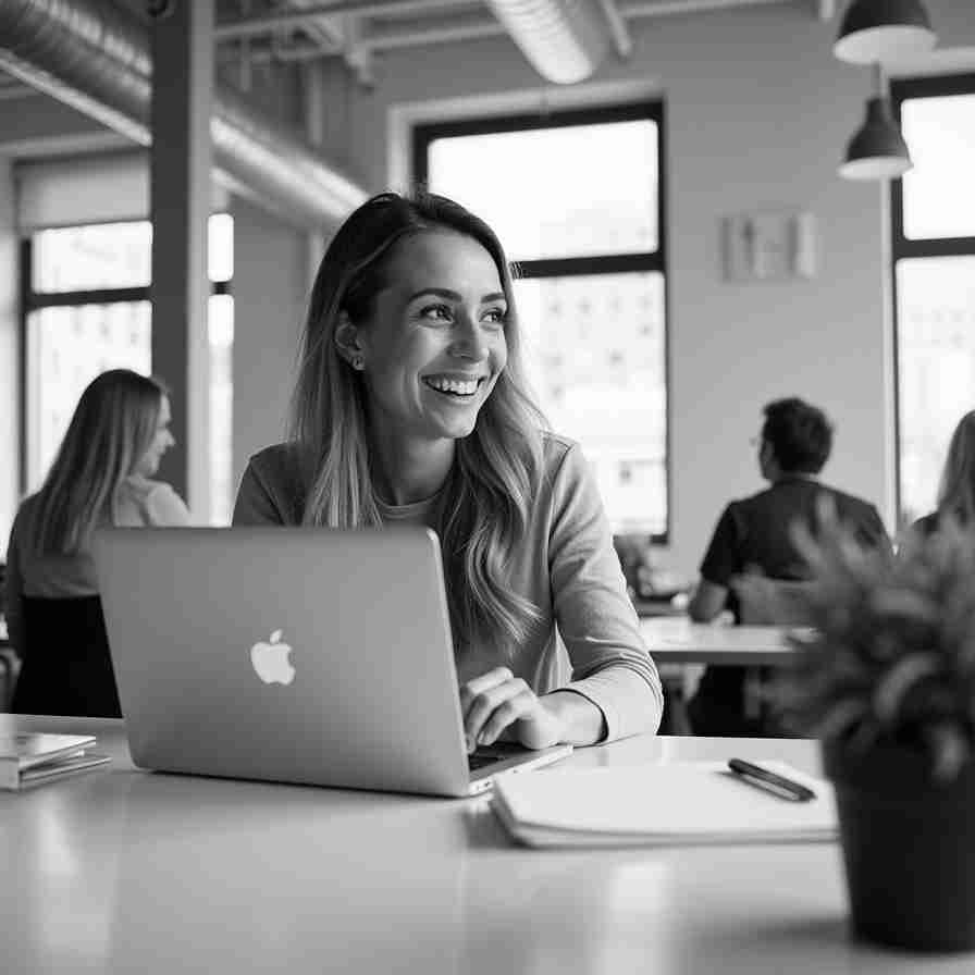 Femme aux cheveux clairs, souriante, travaillant sur un ordinateur portable Apple dans un bureau open space, illustrant un article de blog sur le storytelling efficace.