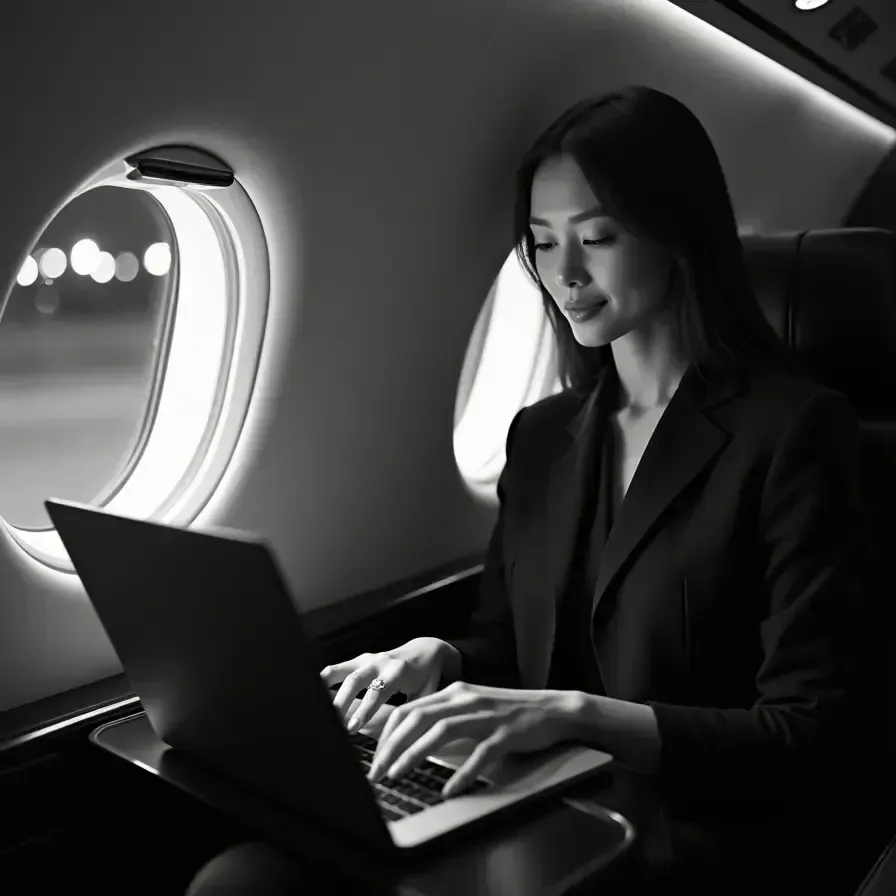 Une femme dirigeante travaille sur son ordinateur portable dans la cabine luxueuse d'un jet privé.