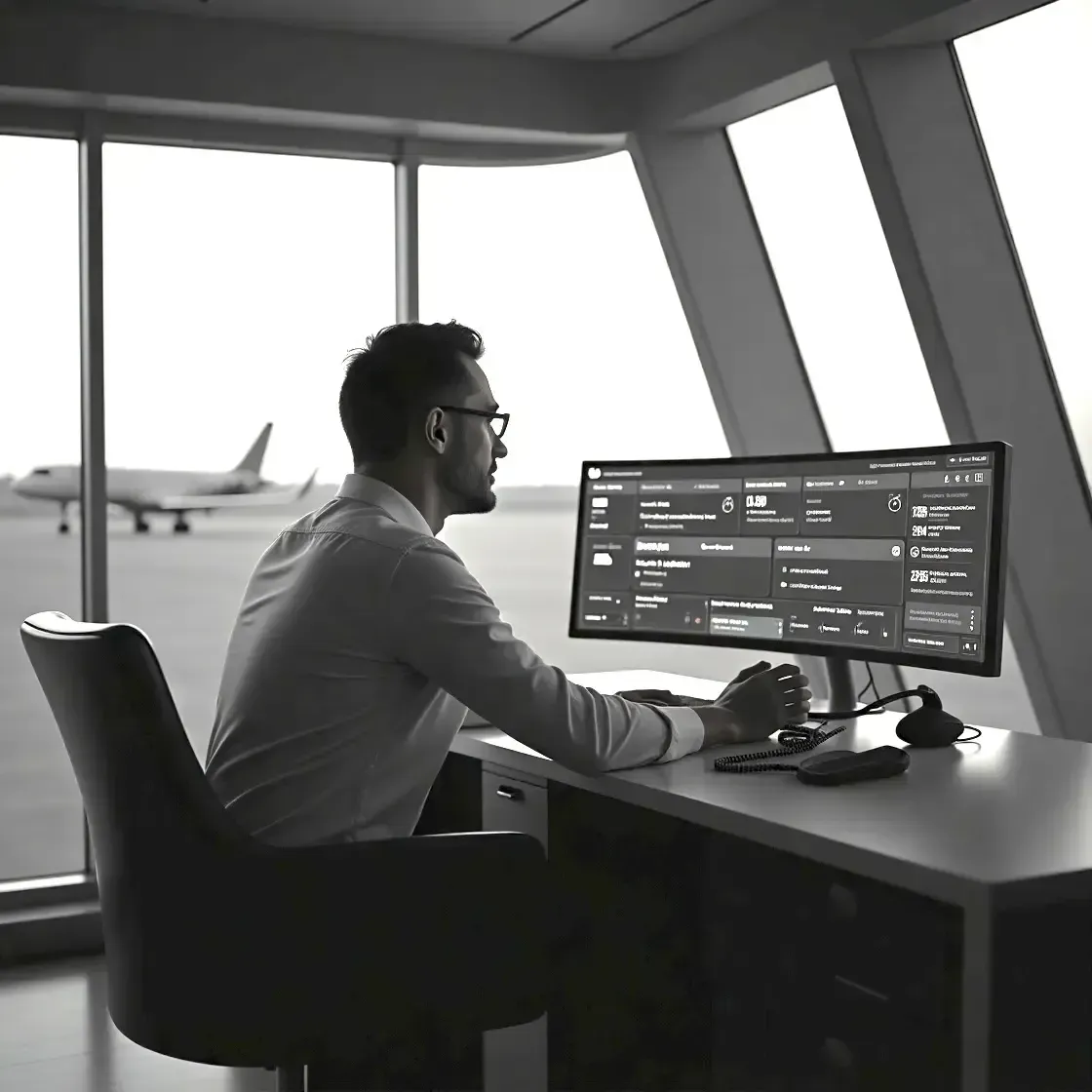 Courtier en jet privé analysant les options de vol sur un écran, avec un avion sur le tarmac en arrière-plan.