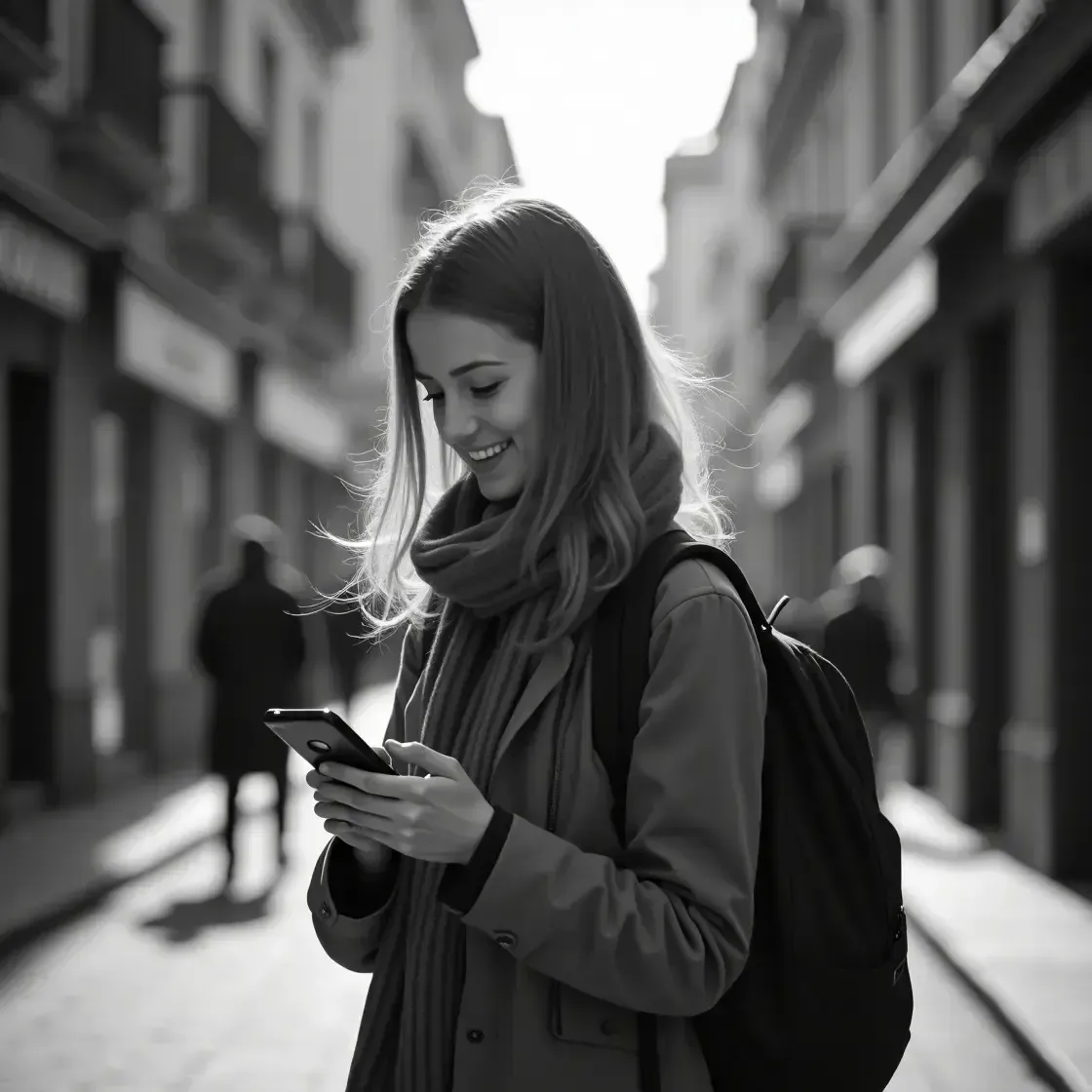 Voyageuse heureuse et connectée dans une ville européenne grâce à son eSIM internationale.