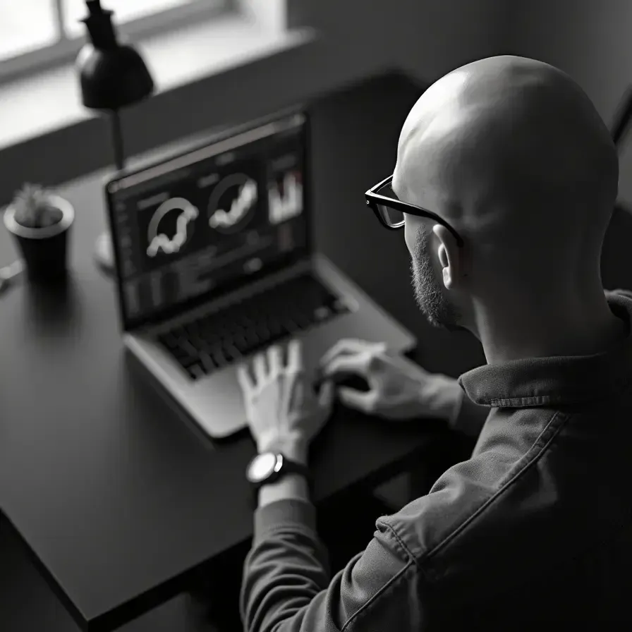 Consultant SEO chauve avec des lunettes analysant un rapport d'audit Semrush sur son ordinateur.