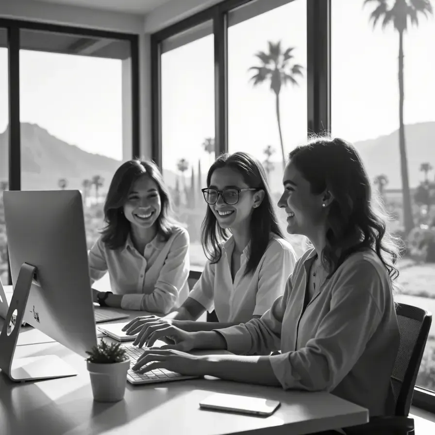 Équipe de consultantes SEO collaborant sur une analyse Semrush dans un bureau à Palm Springs.