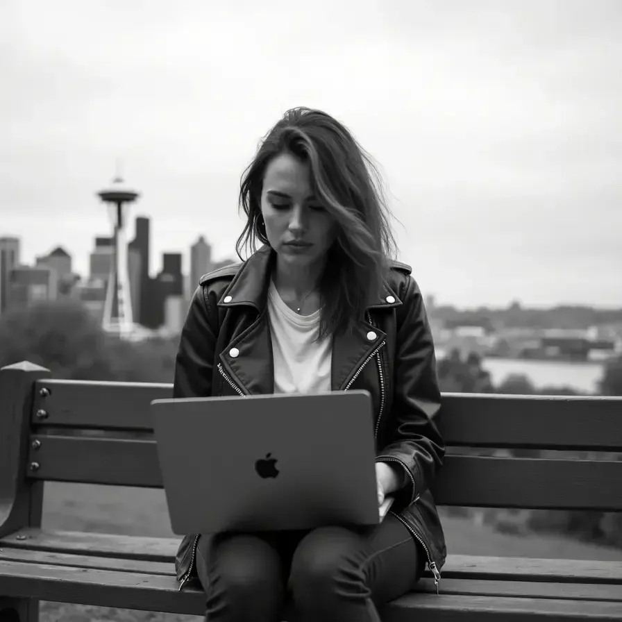 Blogueuse SEO rédigeant un avis sur Moz Pro sur un banc avec la ville de Seattle en arrière-plan.