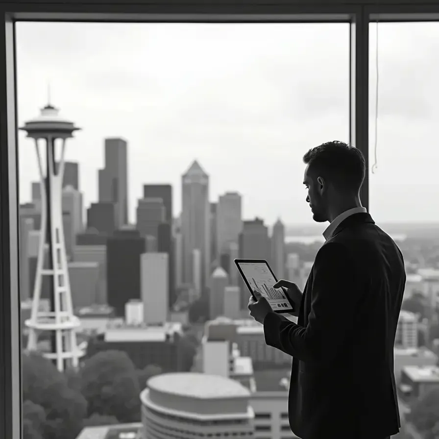 Consultant SEO analysant une stratégie sur sa tablette avec une vue sur Seattle, verdict de l'avis sur Moz Pro.