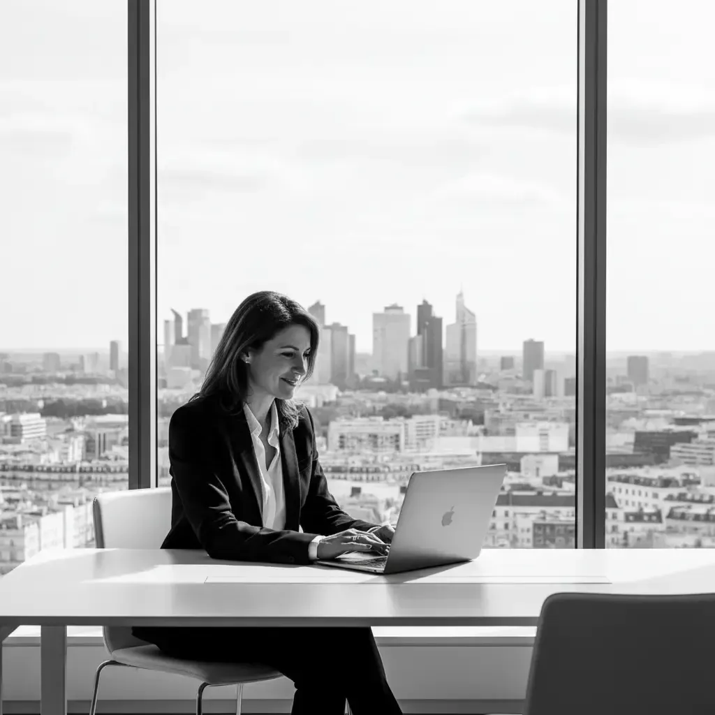 Manageuse DRH dans son bureau avec vue sur Paris La Défense, utilisant le logiciel Kelio pour la stratégie de son entreprise.