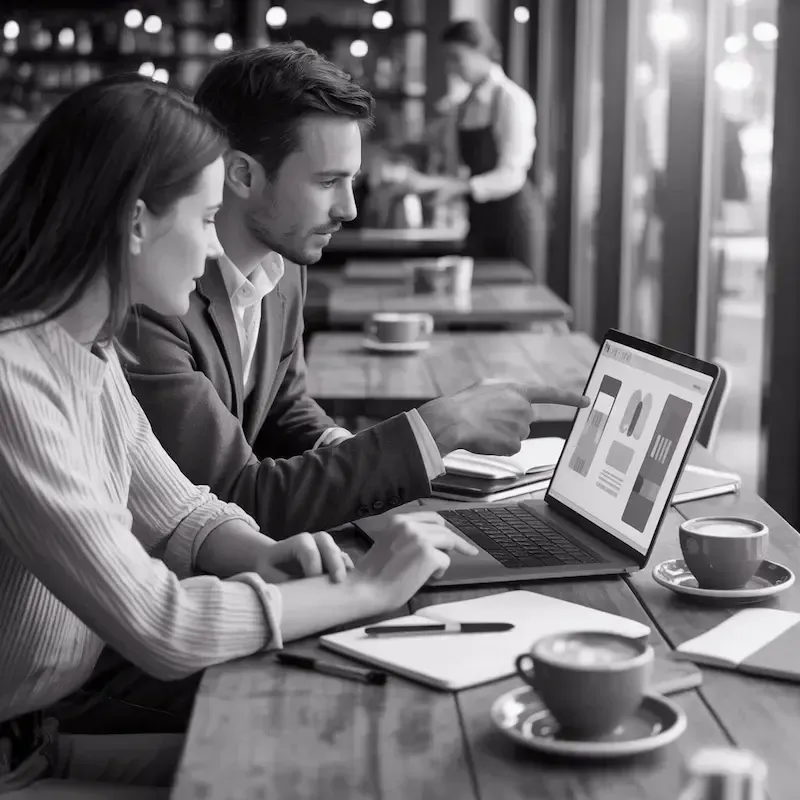 Experts SEO travaillant sur un audit pour optimiser un site selon l'algorithme Google, visualisant des données sur un laptop.