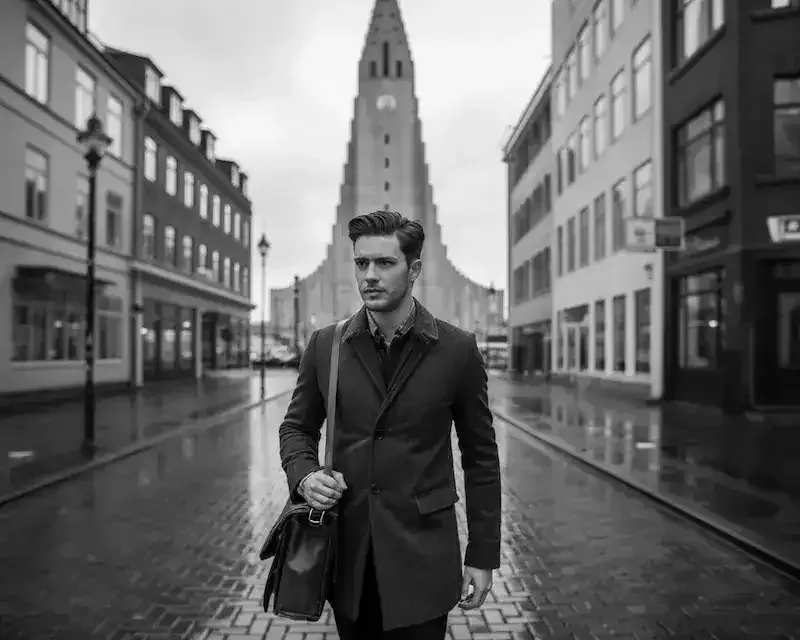 Un blogueur marchant dans une rue de Reykjavik, illustrant le parcours nécessaire à un bon storytelling de page à propos.