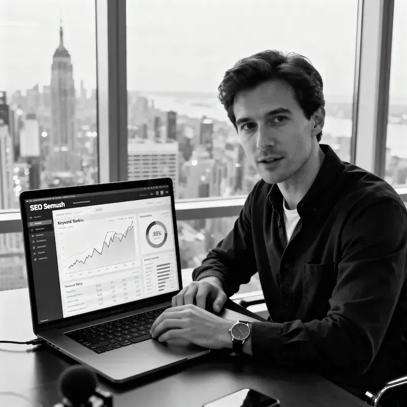 Consultant SEO analysant des données sur le AI SEO Toolkit de Semrush dans un bureau à Canary Wharf.