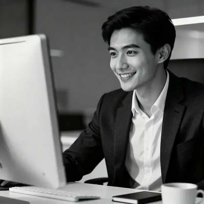 Un analyste SEO satisfait sourit en regardant les résultats positifs de sa stratégie de référencement sur son ordinateur.