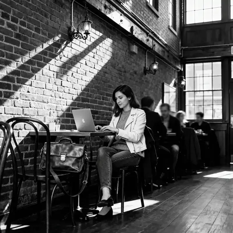Consultante SEO travaillant sur les fondamentaux du référencement dans un café à Boston.