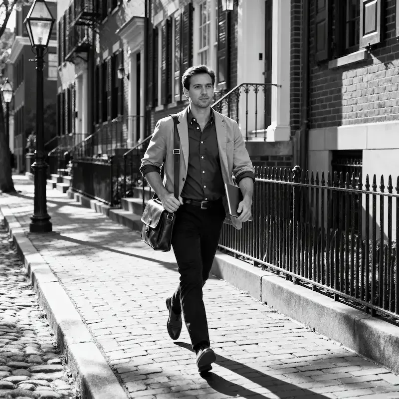 Expert SEO illustrant les fondamentaux du SEO, basés sur des fondations solides, dans une rue de Boston.