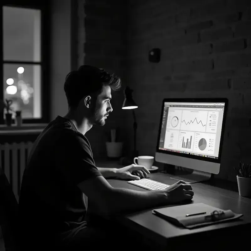 Freelance effectuant un audit SEO sur Google Analytics pour analyser une chute de trafic, travaillant de nuit dans un espace de coworking à Varsovie.