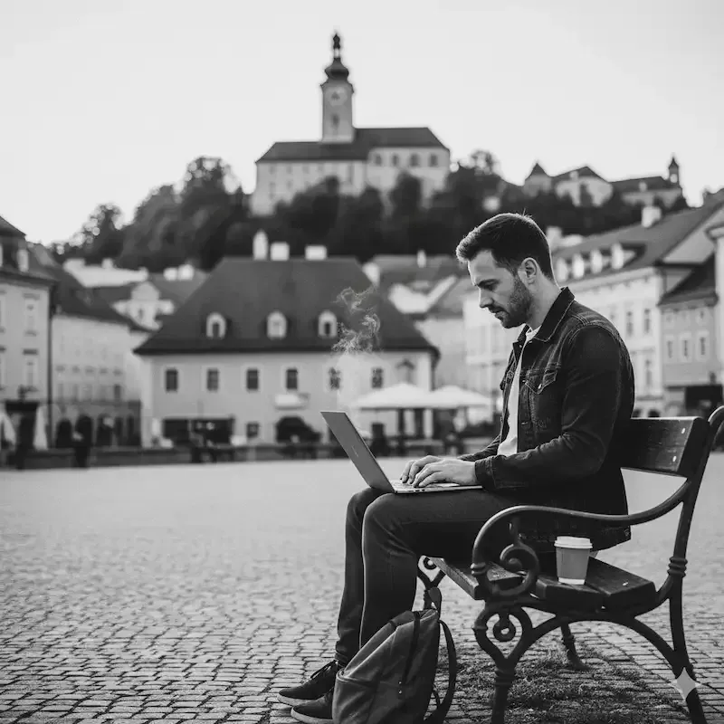 Blogueur nomade vérifiant son site WordPress en ligne après une migration depuis un environnement local, dans une rue pavée de Graz.