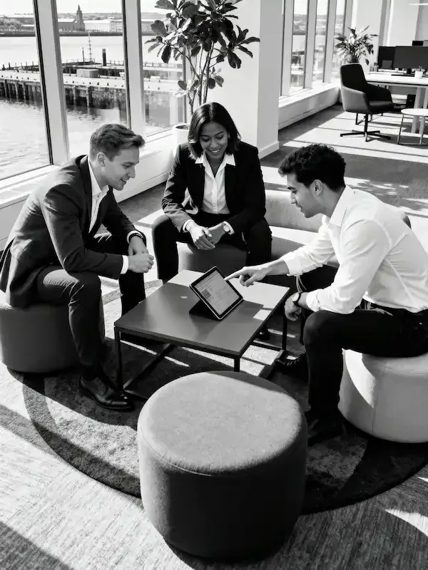 Équipe d'experts SEO collaborant sur une stratégie de cocon sémantique à l'aide d'outils digitaux.