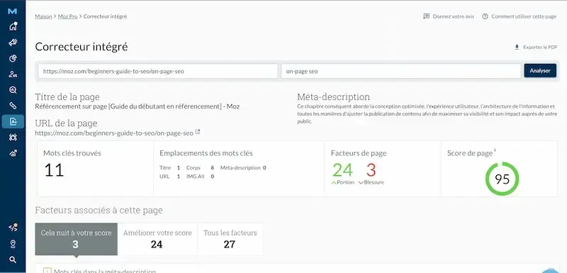 Analyse de page avec le Correcteur intégré de Moz Pro, montrant un Score de page de 95.
