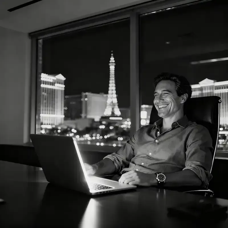 Entrepreneur e-commerce célébrant le succès de ses ventes Black Friday devant son ordinateur.