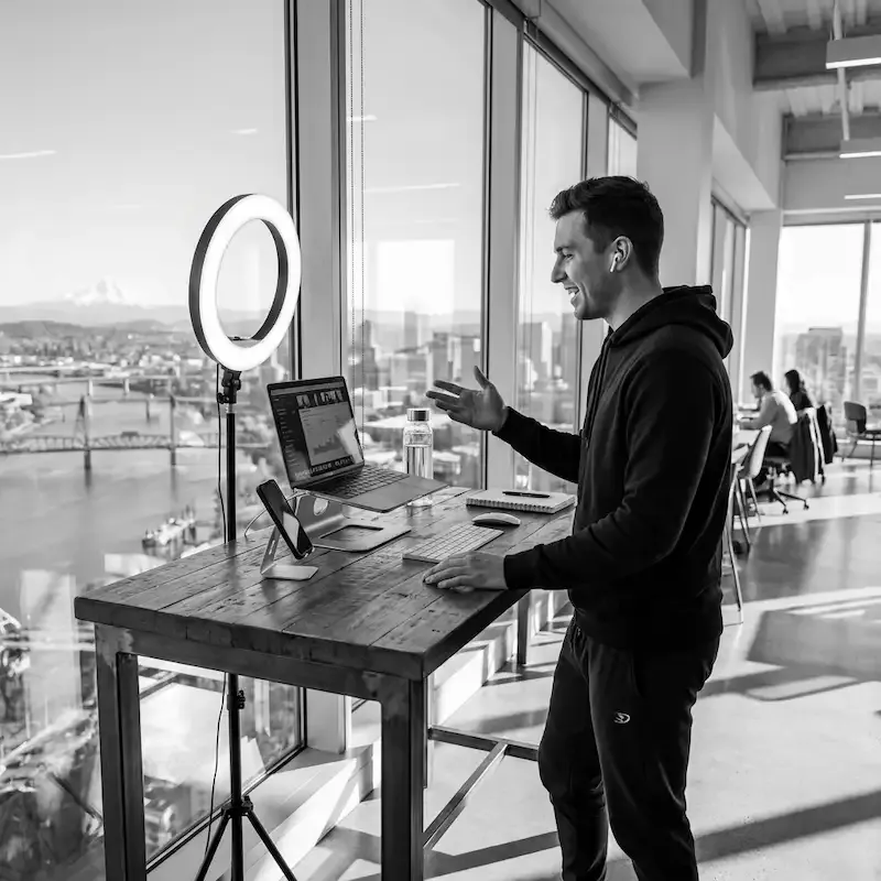 Créateur de contenu enregistrant une vidéo YouTube pour l'affiliation Amazon avec un setup simple à Portland